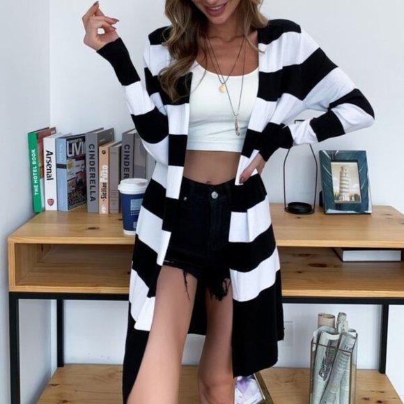 Sweaters - Colorblock stripes open front long Cardigan  Black